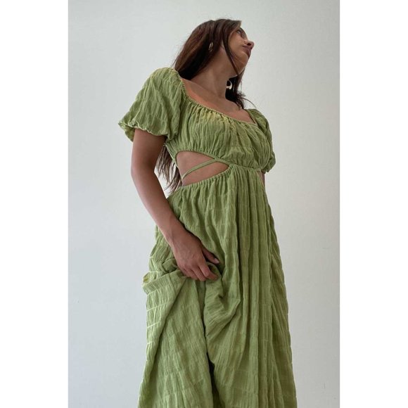 Spring Style Green Matcha Cut-Out Midi Dress 100% Cotton - Picture 6 of 11